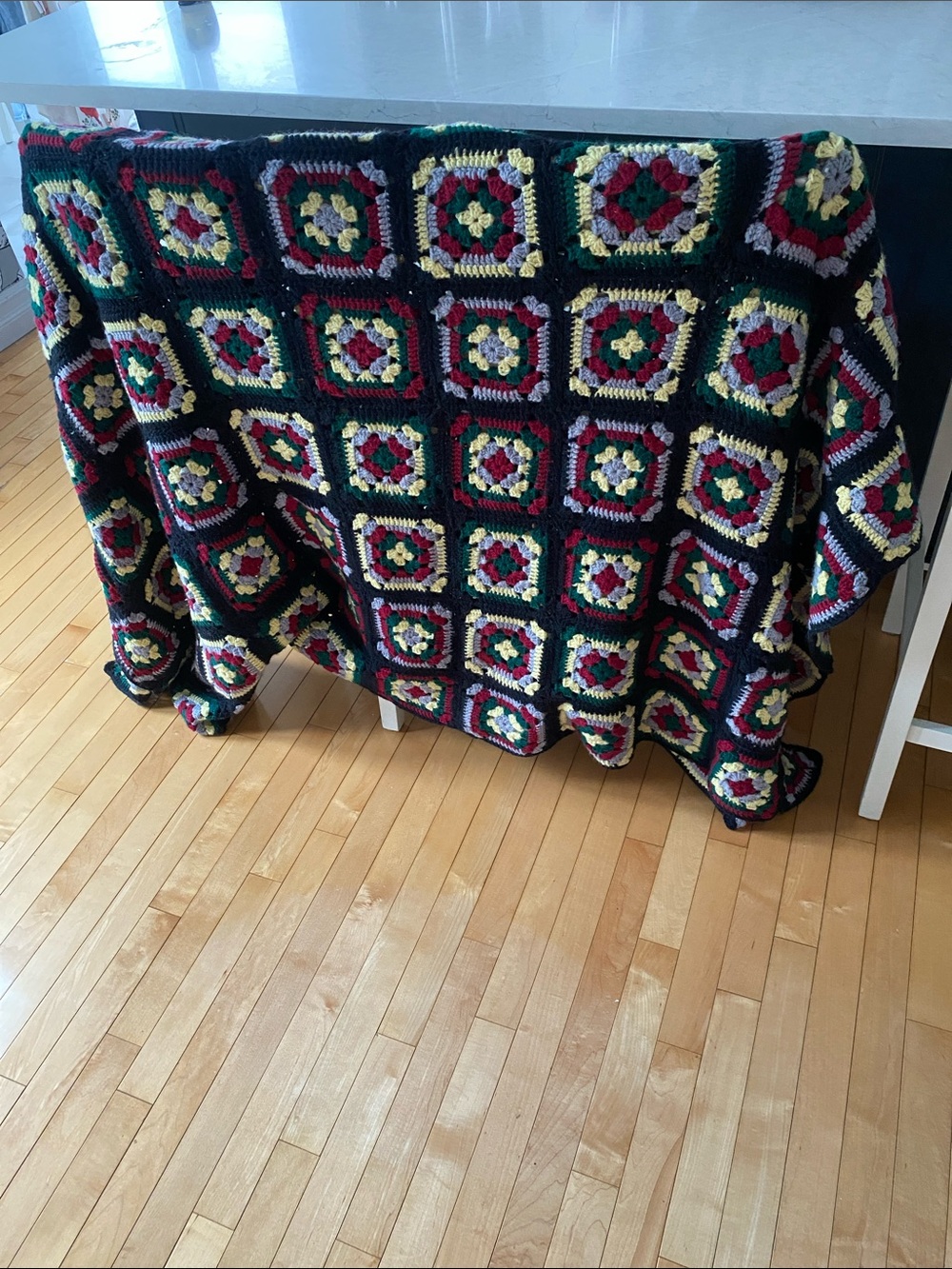 Handcrafted Crochet Granny Square Throw Blanket Blck/Red/Green/Yellow 78.5” 65”
